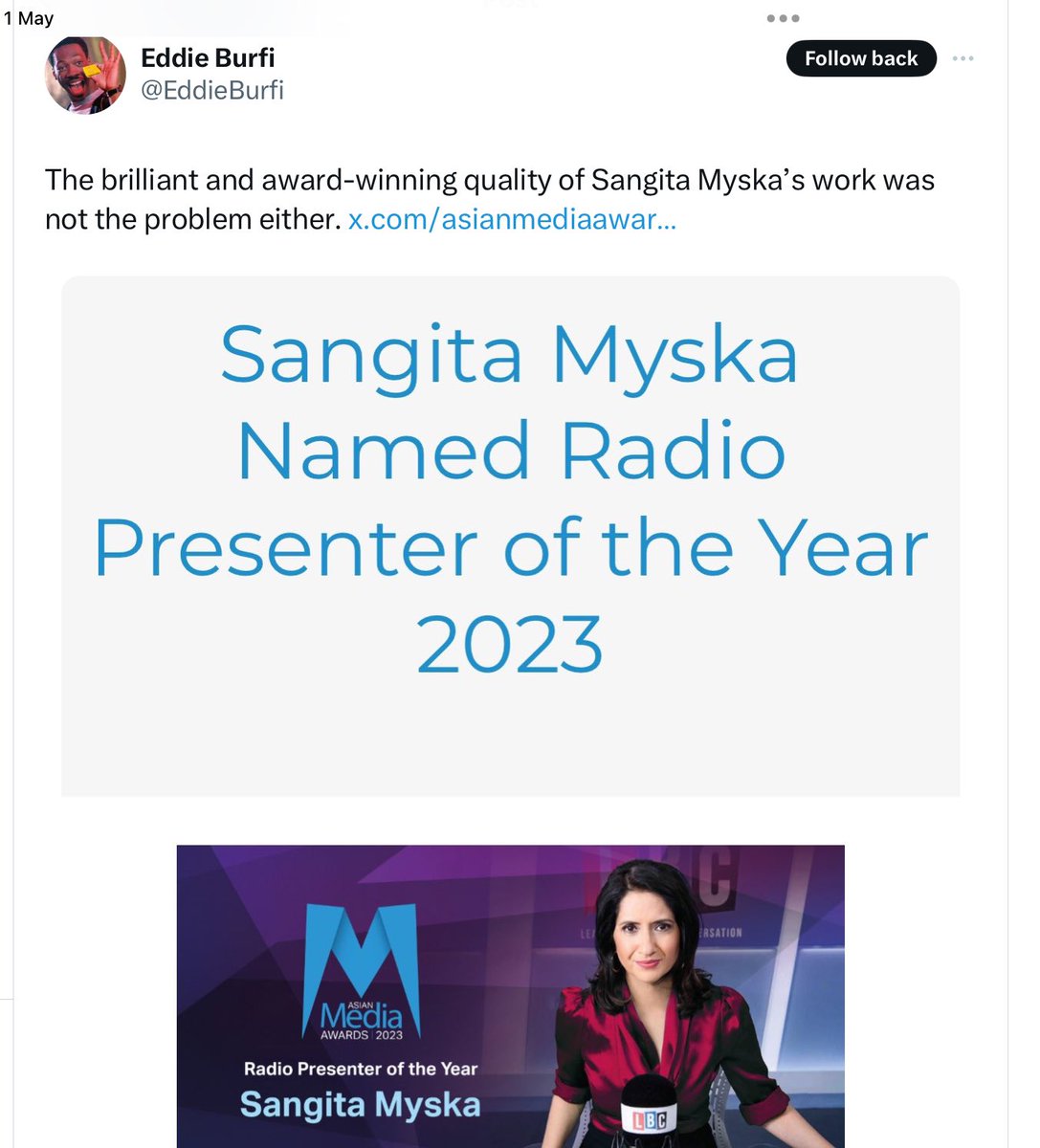It wasn’t the ratings. It wasn’t the industry reception. So what was it about @SangitaMyska which caused LBC/Global to cancel her?