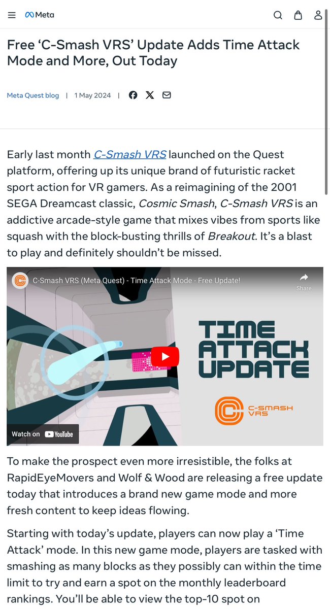 Free ‘C-Smash VRS’ Update Adds Time Attack Mode and More, Out Today! Check it out, pass onto your friends! Also available on PSVR2 and Pico4 Click here for a read 👇🏻 meta.com/en-gb/blog/que…
