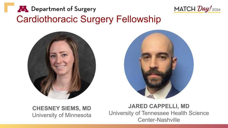 We are excited to welcome these two new outstanding fellows to the Cardiothoracic #UMNSurgery Fellowship Program, who will join us on August 1, 2025! #MatchDay2024

Read more - z.umn.edu/9im6