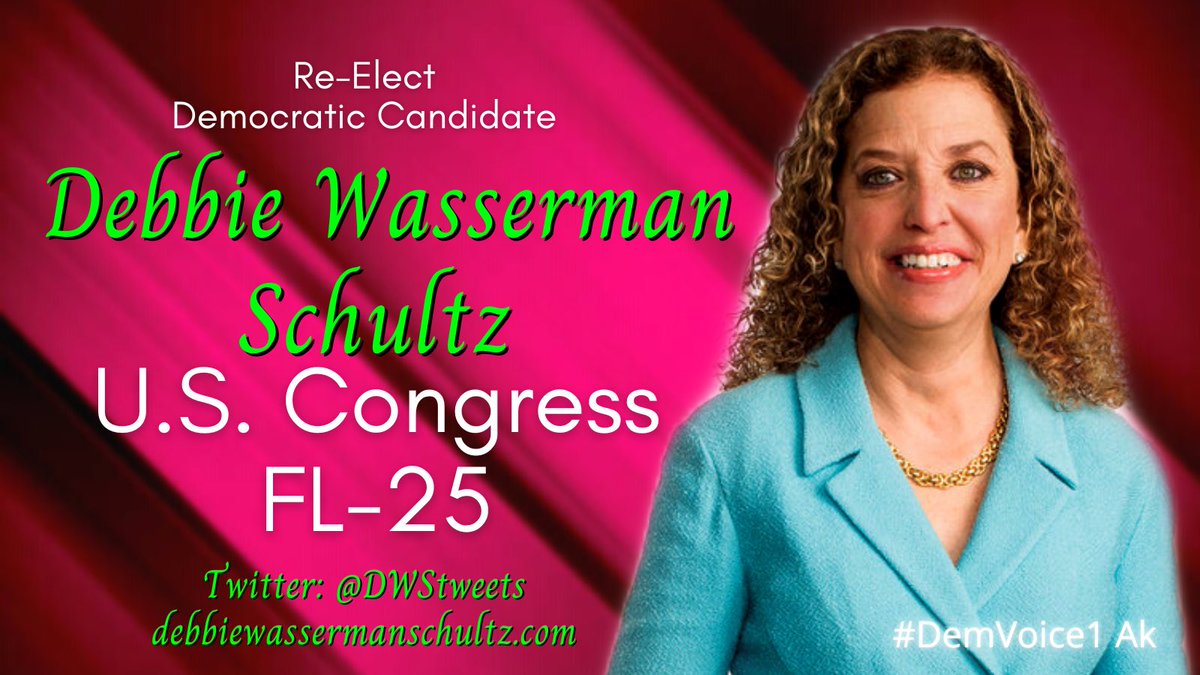 C'mon re-elect Democrat
Debbie Wasserman Shultz
for Congress. She fights for
south Floridians rights! FL25
Vets
LGBTQ-
Healthcare
Gun control
Environment
SS/Medicare
Labor Unions
Reproductive rights
🌊🌊@DWSTweets
debbiewassermanshultz.com

#ProudBlue 
#allied4dems