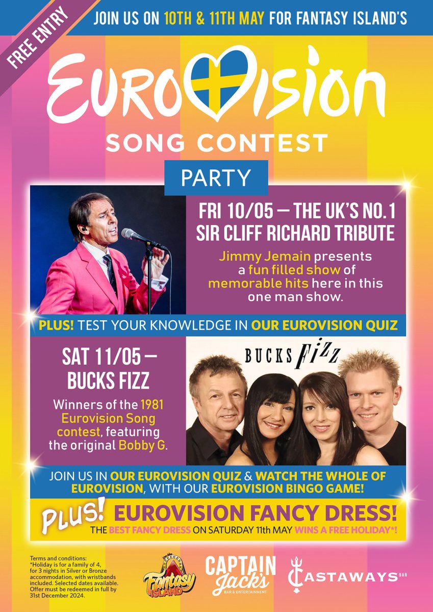 🧑‍🎤 Eurovision at Fantasy Island! 🎉

Join us in Castaways and Captain Jack's Showbar for our Eurovision Party, Friday 10th and Saturday 11th May.

The party is FREE to enter - so come down to Fantasy Island and have a Eurovision night to remember!

#Eurovision #Skegness