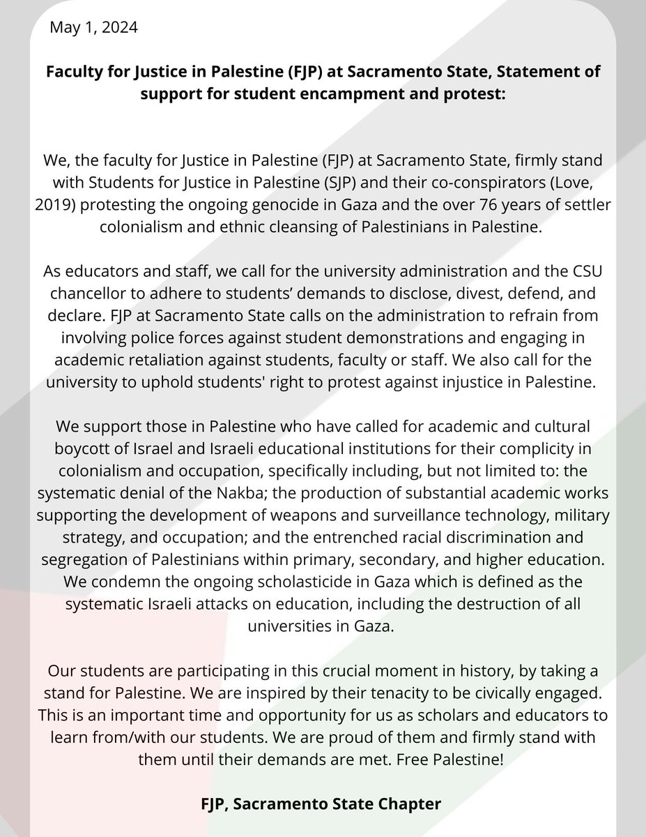 Faculty for Justice in Palestine (FJP) at Sacramento State, Statement of Support for Student Encampment and Protest: 
@sacstate @TheStateHornet @calstate