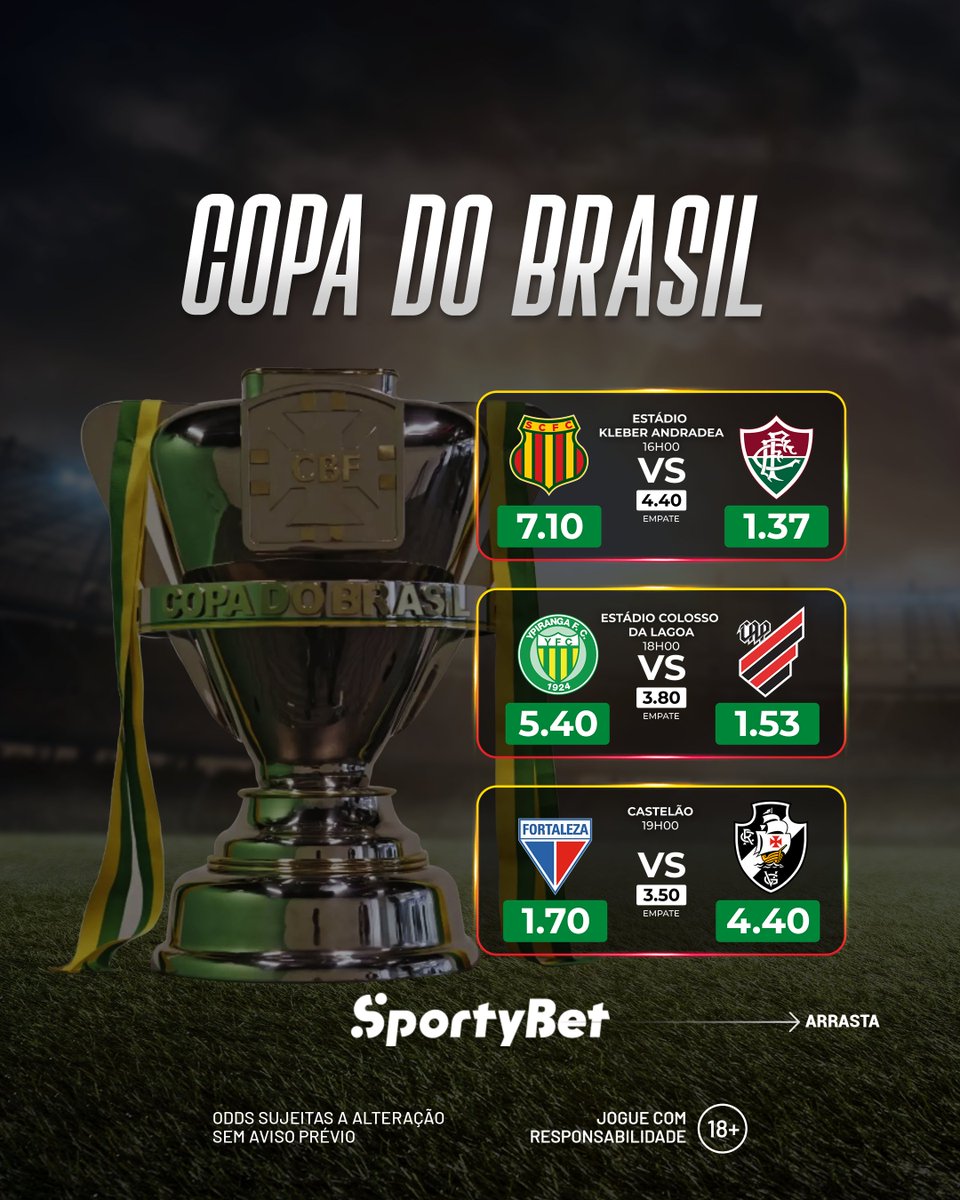 Feriado de quarta-feira com muuuuuita Copa do Brasil!!! 

Escolha seus jogos favoritos, crie sua múltipla e aposte em sportybet.com/br 😎

#CopaDoBrasil #Futebol #SportyBetBr