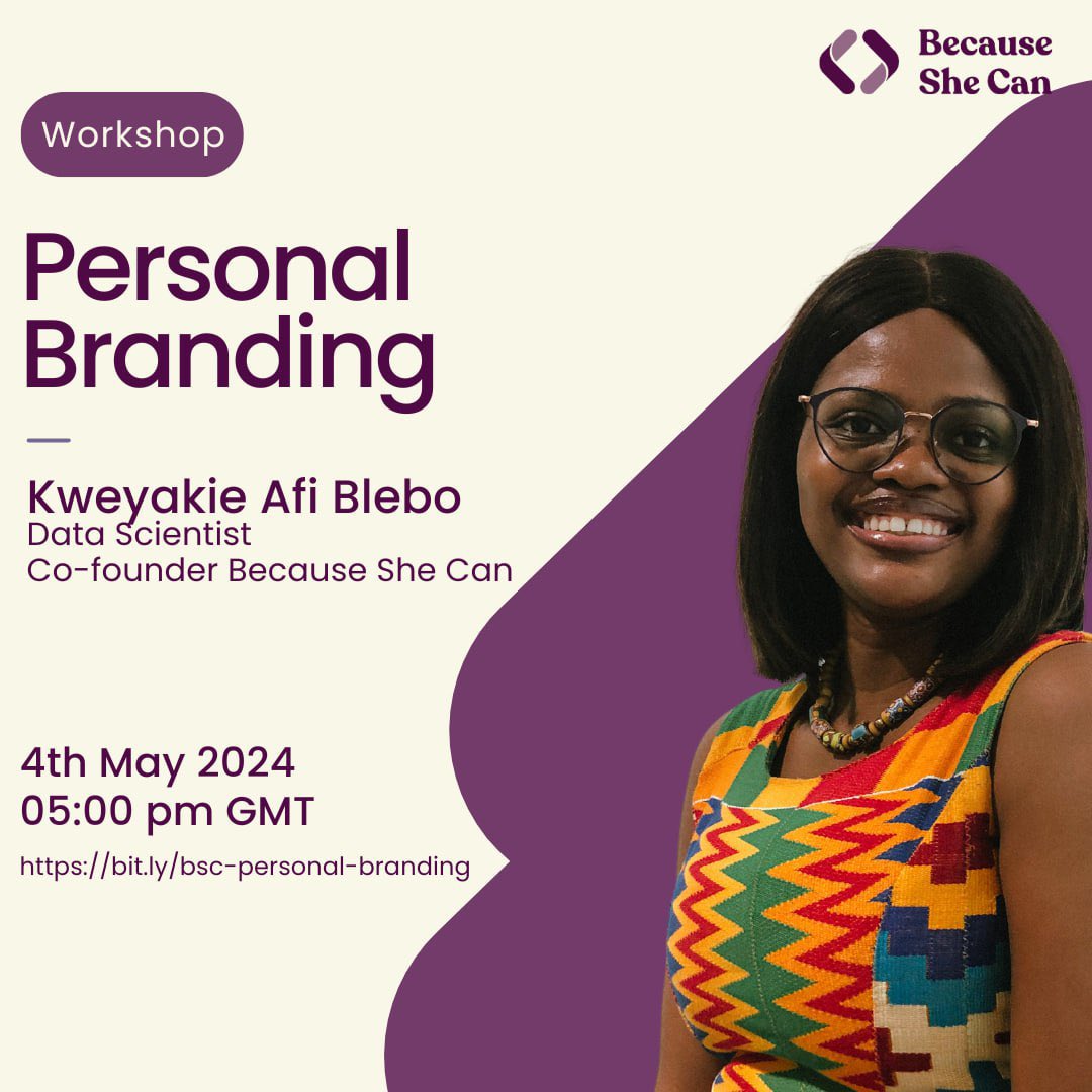 Join us for an inspiring Personal Branding Workshop led by our Co-Founder Kweyakie Afi Blebo on 4th May, 2024 at 5:00 PM GMT. Come and learn new strategies to amplify your brand presence and help you stand out. Don't miss out! bit.ly/bsc-personal-b… #mentorship #womenintech