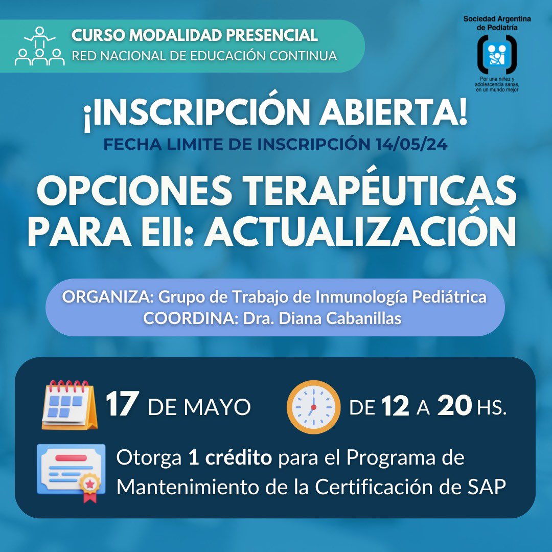 📣RED NACIONAL DE EDUCACIÓN CONTINUA 👉Opciones Terapéuticas para EII: Actualización 🗓️17-5-23 de 12 a 20 horas 🔗 Info e inscripción sap3.org.ar/i2/clientes.php ‼️Fecha límite de inscripción: 14-5-24