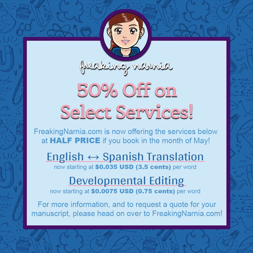 SPECIAL OFFER: Get developmental editing and English-Spanish translation at HALF PRICE if you book in May!*

(*Discount still applies if you book in May for a project to be edited/translated later.)

#DevelopmentalEditing #DevEditing #Translation #EnglishSpanishTranslation