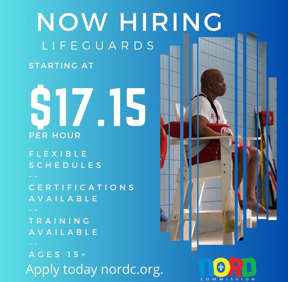 Dive into a rewarding career!🏊🏊‍♂️ @nordcommission is NOW HIRING Lifeguards starting at $17.15/hr with flexible schedules! Certifications and training available. Ages 15+ welcome. ➡️➡️Apply today at nordc.org! #NORDC #NowHiring #Lifeguards #CareerOpportunity