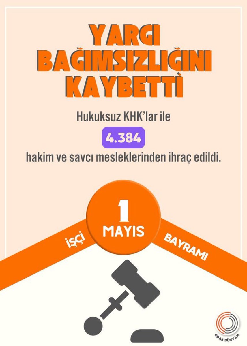 Hukuksuz KHK’lar ile hiçbir suç işlememiş olan 4.384 hakim ve savcı mesleklerinden ihraç edildi. Yargı bağımsızlığını kaybetti! EmeğiÇalınanların Bayramı