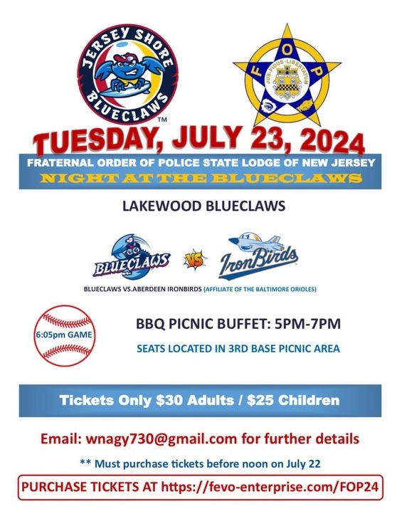 July 23rd ⚾ 
⚾ Blue Claws Baseball FOP Night at the Ballpark!

Here's the link to purchase tickets:
🌐 fevo-enterprise.com/event/FOP24

#jerseyshoreblueclaws #blueclaws #shoretownballpark #policefamily #policelife #policedepartment #police_night #fop_night #fop #njfop #baseball