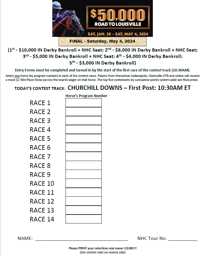 Get a jump Road to Louisville for Churchill Downs & the KY Derby Sat. May 4 - contest is @HSIndyRacing begins at 10:30AM ET - entries to:  horseshoeindycontest@gmail.com  #racelikeacaesar  @IndianaTOBA @IndyTBAlliance @IndianaHBPA @INThoroughbred @RacingRachelM @MrBAnalyst