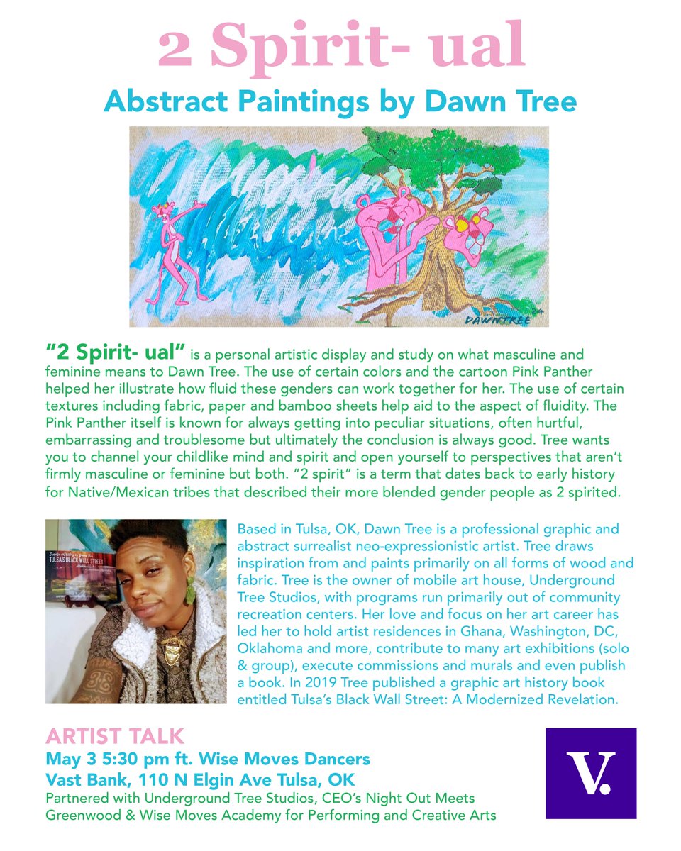 Local artist Dawn Tree's series "2 Spirit- ual" will debut at our downtown HQ on May 3. Tree will discuss the series during an artist talk May 3 from 5:30-7pm. This performance will include curated music and an auction of Tree’s original artworks.

hubs.ly/Q02vLhrt0