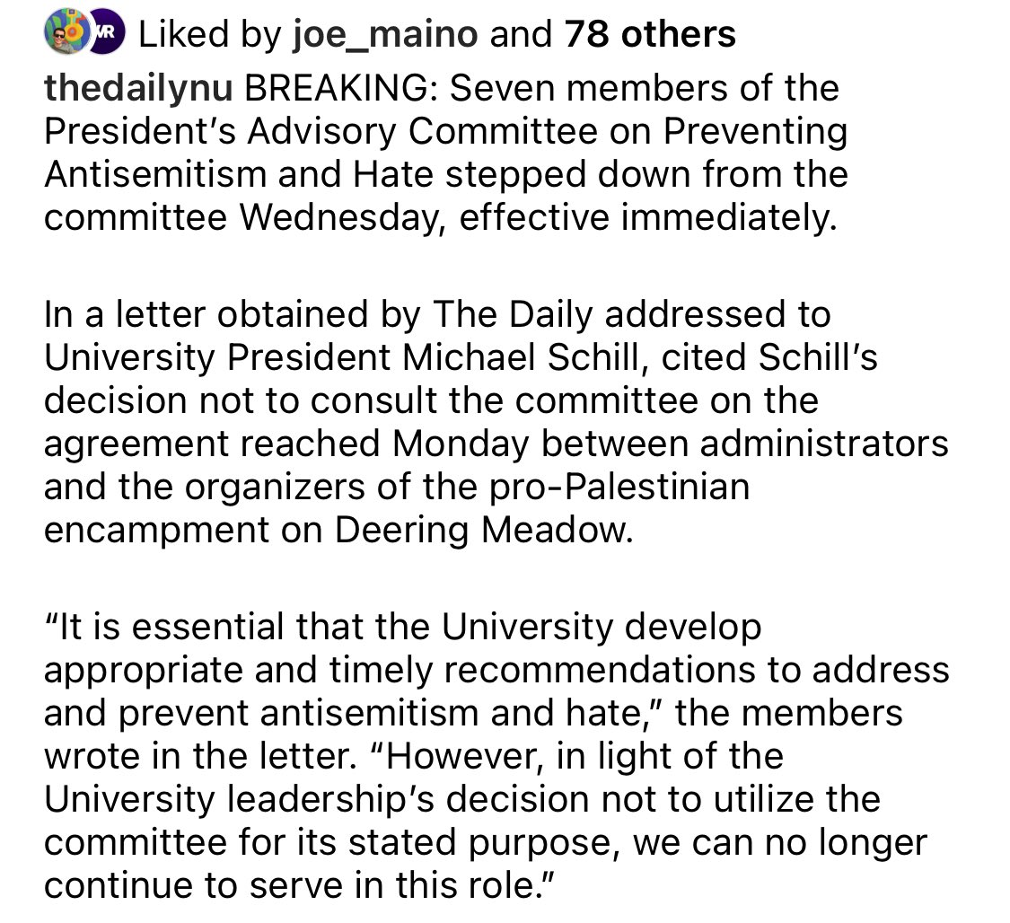 Wow—multiple members of @NorthwesternU’s committee on combating anti-Semitism have resigned because the administration didn’t even consult them before striking a “deal,” with concessions, to at least temporarily end the pro-Hamas encampment on campus. Another leadership failure: