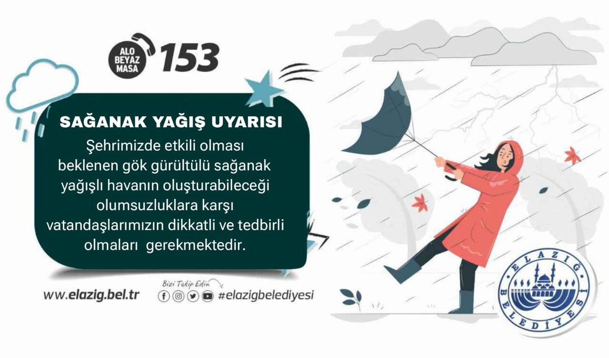 Duyuru🔊🔊 Çarşamba akşamı itibariyle ilimiz ve çevresinde kuvvetli sağanak ve yer yer gök gürültülü sağanak yağış beklenmektedir.⛈️🌧️ Bu sebeple‼️ Sel, su baskını, kuvvetli rüzgar riski gibi olumsuzluklara karşı dikkatli ve tedbirli olunması gerekmektedir. ⚠️