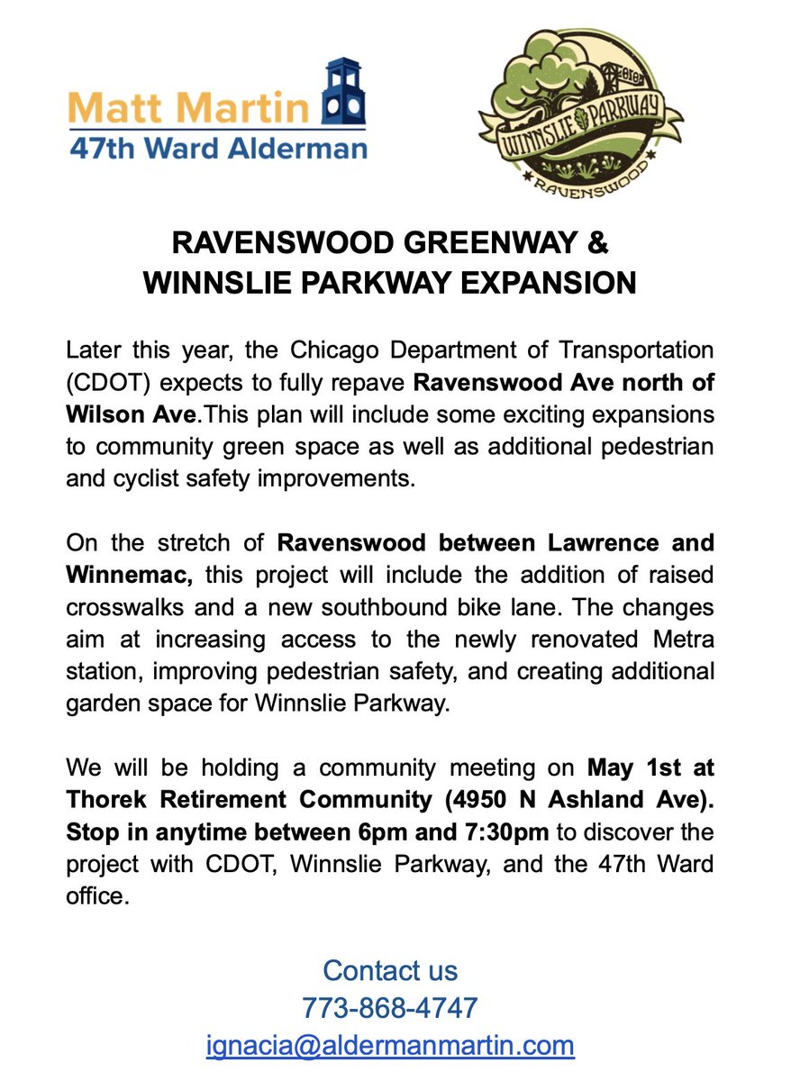 .@ChicagoDOT and @AldMattMartin's 47th Ward office will hold a community meeting on the Ravenswood Greenway and Winnlsie Parkway Expansion tonight 6-7:30 PM at Thorek Retirement Community, 4950 N. Ashland.