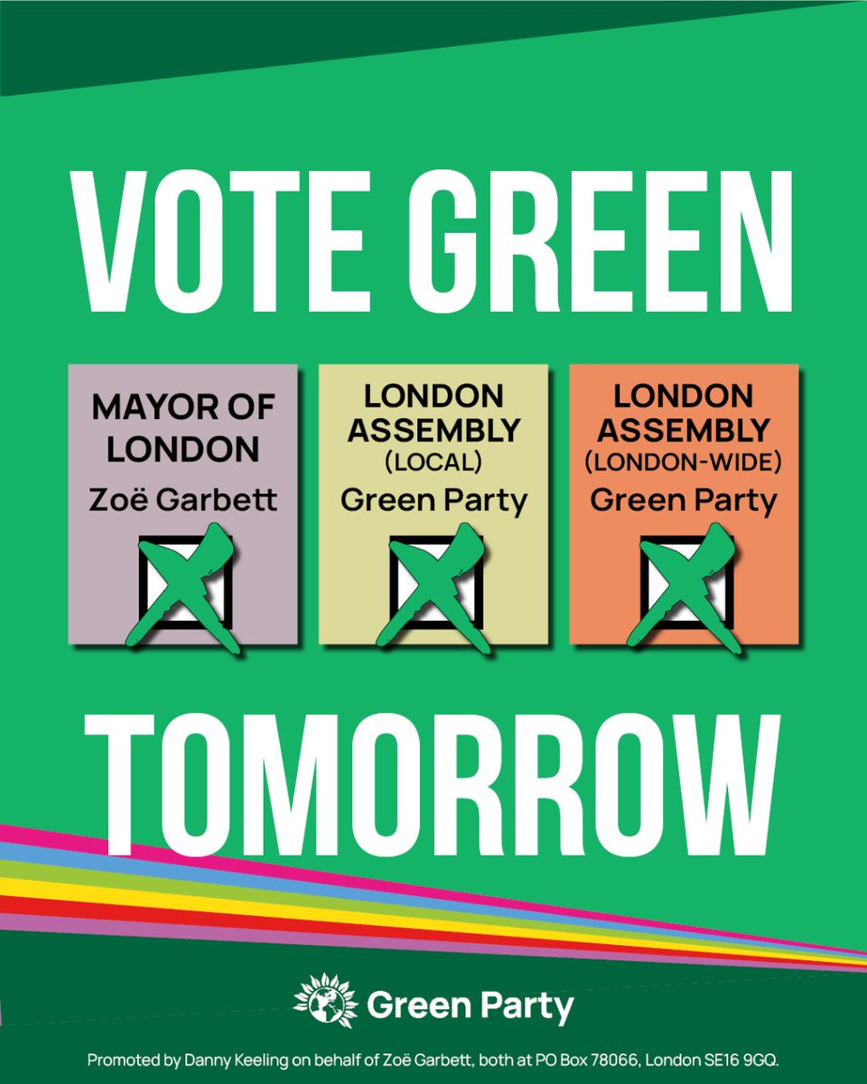 🗳️ TOMORROW IS POLLING DAY! 💚Vote for Green Mayor of London @ZoeGarbett 💚Vote for your Green Party constituency candidate  💚Vote for @TheGreenParty  #VoteGreen