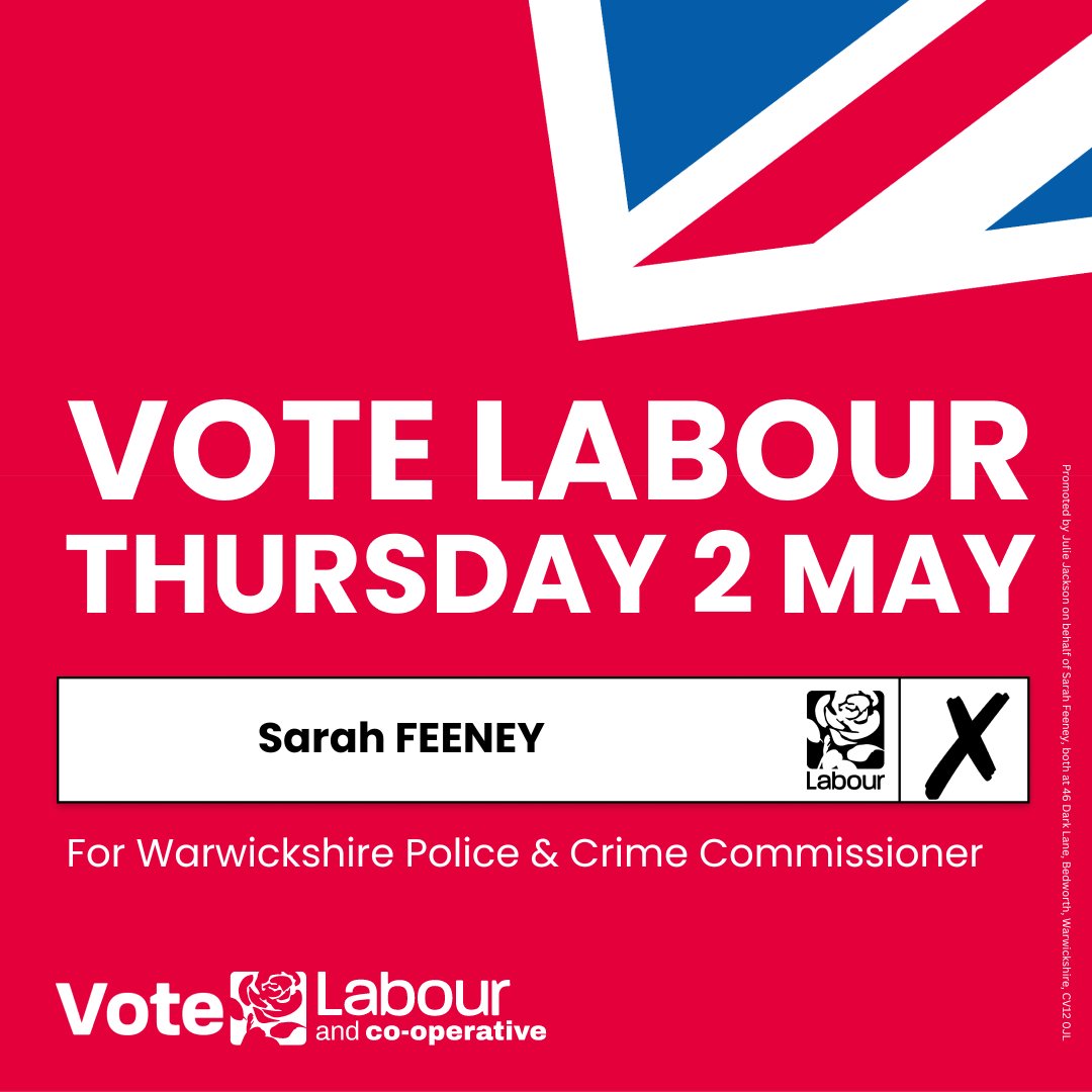 🌹 Today vote Sarah Feeney for Warwickshire Police and Crime Commissioner. Only Labour can beat the Tories in this county wide election! 🗳 Find your polling station here: iwillvote.org.uk #VoteLabour #Warwickshire