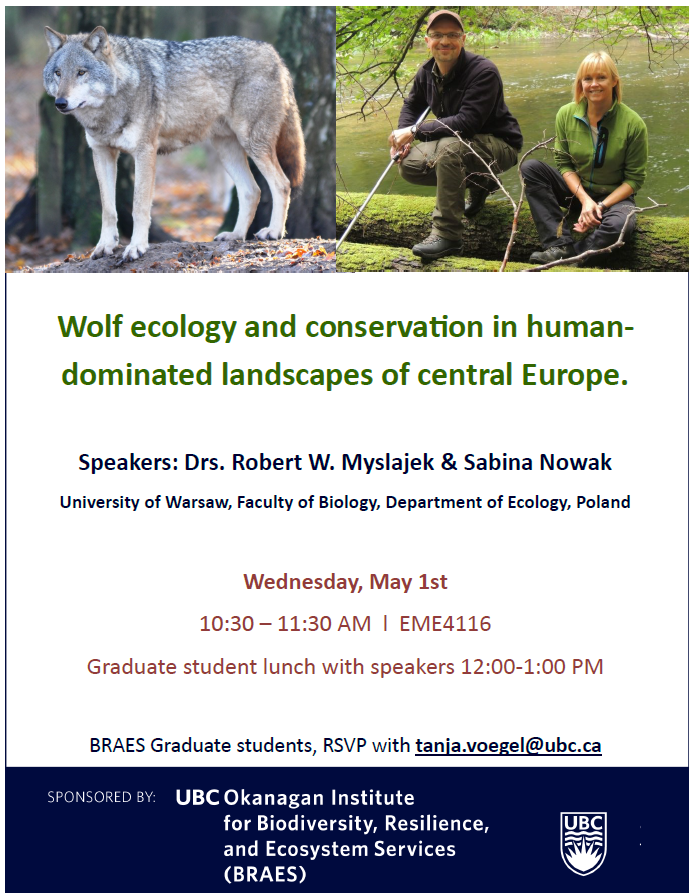 Looking forward to hosting BRAES' guest speakers Drs. @RobertMyslajek and Sabina Nowak at @ubcokanagan to learn more about wolves in central Europe!