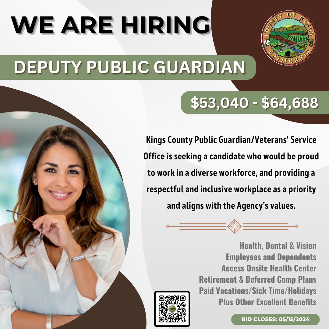 WE’RE HIRING: Deputy Public Guardian  ***Extended Closing Date***

Details: bit.ly/3UElF3z

#KingsCounty #KingsCountyCA #cacounties #RuralCA #WereHiring #GetAJob