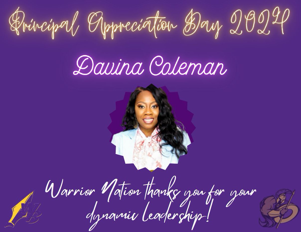 Happy Principal Appreciation Day 🎉to Principal Davina Coleman!! Warrior Nation extends our heartfelt gratitude to our esteemed principal for her unwavering dedication, tireless efforts, and inspiring leadership!!! We appreciate you!!!💜💛💜
#PrincipalAppreciation #flyprincipal