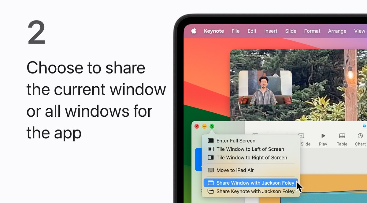 Share windows from an app over a video call with just a click.

Here’s how it works in FaceTime and other compatible video conferencing apps in macOS Sonoma.