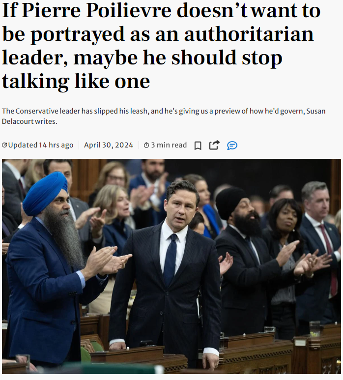Trudeau, not Poilievre, is the authoritarian.

He froze bank accounts.
He illegally crushed peaceful protests.
He brought in online censorship laws.
His hack Speaker kicked Poilievre out of the House.

Now his bought & paid for media is spewing this absurd Liberal propaganda.