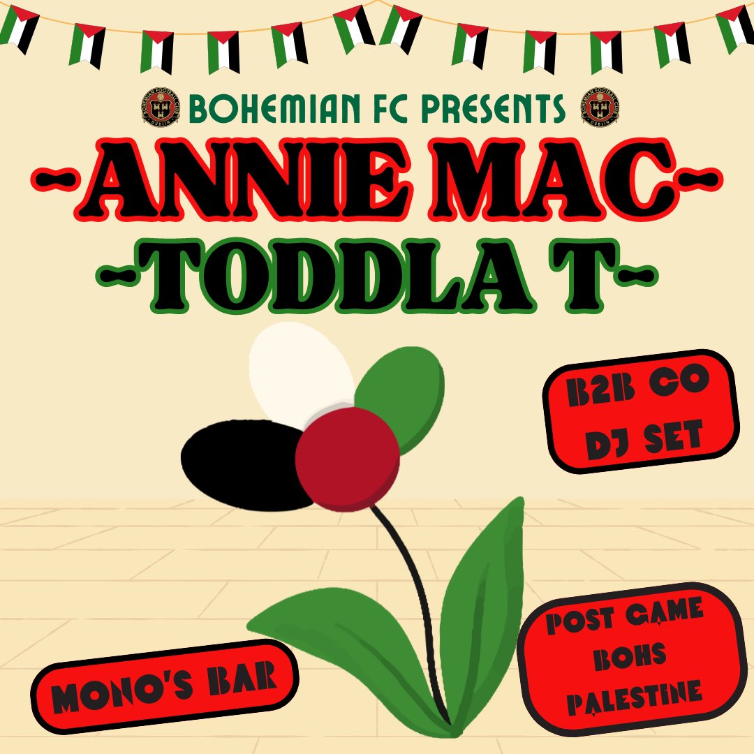 We’re delighted to announce superstar DJs Annie Mac and Toddla T will be doing a co-DJ set in the Mono Bar after Bohemian FC women take on the Palestinian women’s team. 🇵🇸 Join us for a very special game to show solidarity with the people of Palestine, and witness the first ever