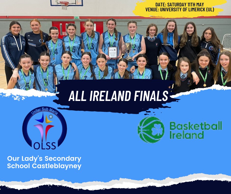 Best of luck to our 1st Year Girls Basketball team 🏀⛹️‍♀️ who compete in the All Ireland school championship on the 11th May in UL. Best of luck to all the girls, their coaches and the TY helpers Ellie, Annie, Rebecca and Ruby #OLSS #AllIreland ⭐🏀⛹️‍♀️ ⚫️🔵🏀⛹️‍♀️⭐