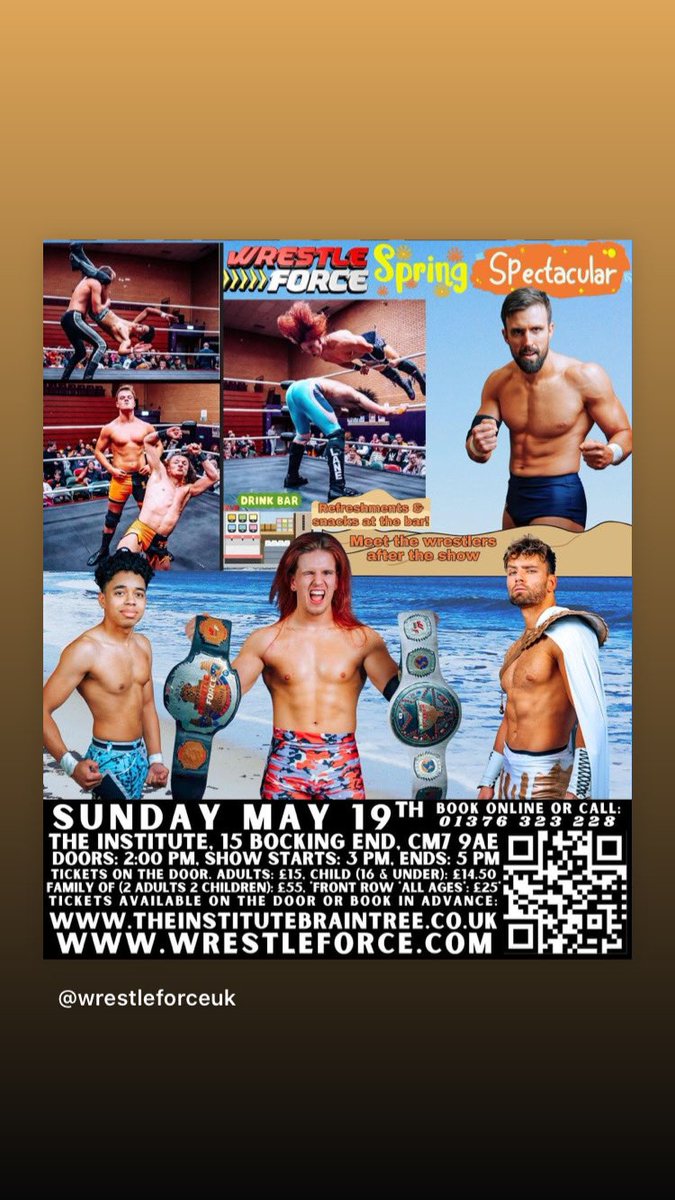 Sunday May 19th in at The Institute Braintree WrestleForce presents an incredible 2 hour professional wrestling extravaganza the whole family can enjoy! Tickets availabe on the door, book in advance to save 10%! theinstitutebraintree.co.uk #braintree