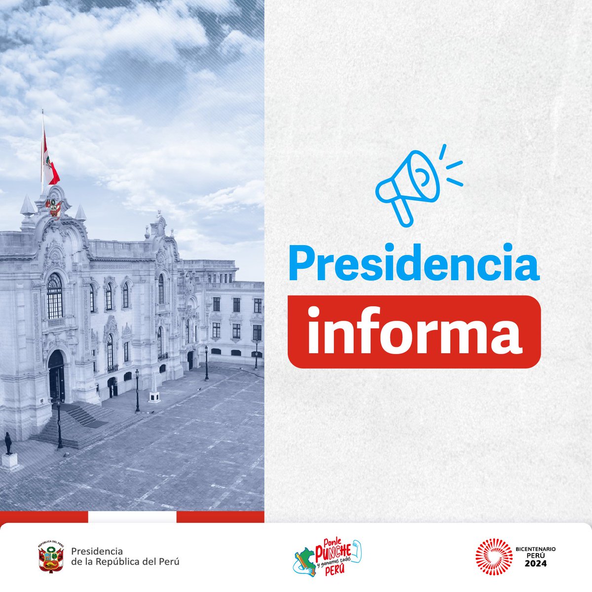 #Hoy | A las 11:45 a.m. se emitirá el saludo de la presidenta Dina Boluarte con motivo del Día Internacional del Trabajador. #PonlePunchePerú 💪 #BicentenarioPerú2024