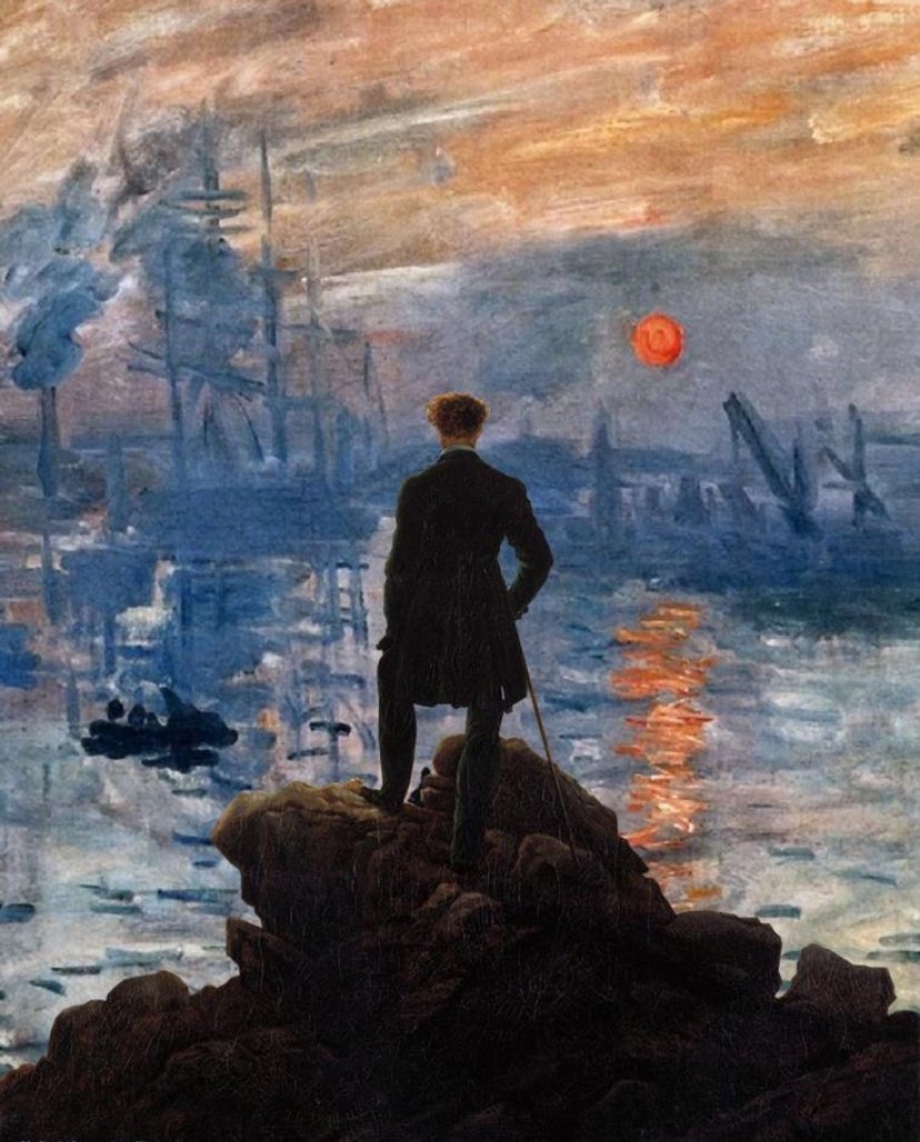 El caminante sobre el mar de Caspar David Friedrich combinado con Impresión sol naciente de Claude Monet…