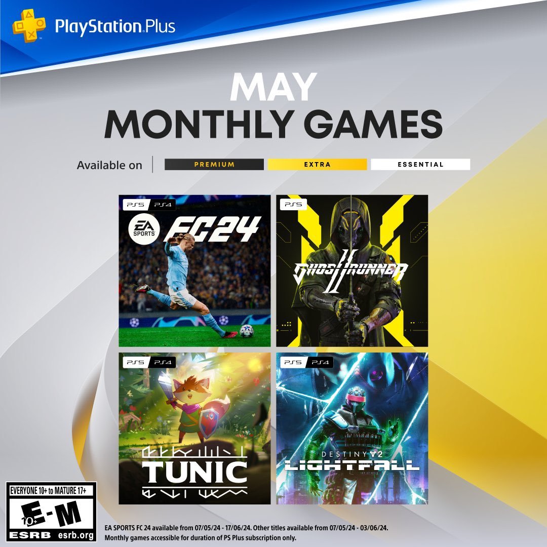 PlayStation Plus, mayıs ayı ücretsiz oyunları açıklandı!  

📌 EA SPORTS FC 24 
📌 Ghostrunner 2 
📌 Tunic
📌 Destiny: Lightfall