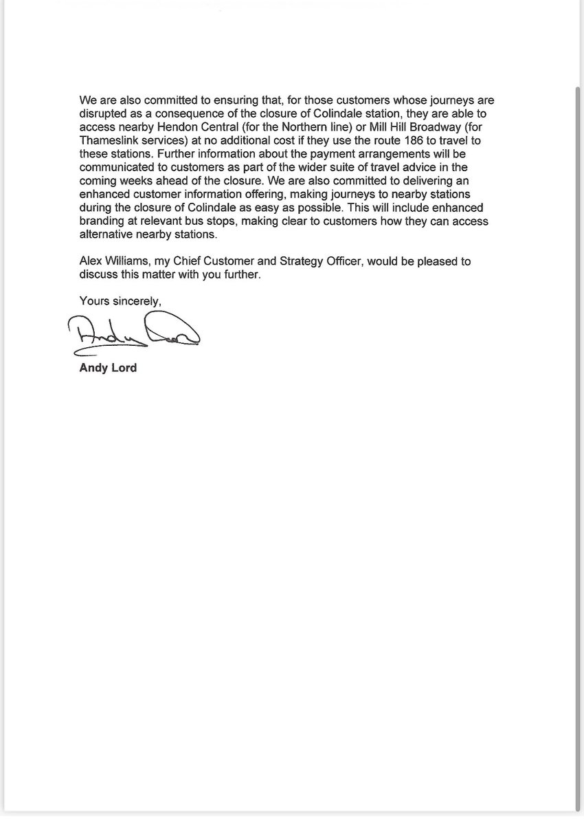 Following meetings with @TfL & Colindale residents, I wrote to Andy Lord about mitigation during the rebuild of Colindale station.

I’ve had the attached response today confirming:

✅more buses
✅refunds for passengers using buses to connect to the tube
✅improved signage