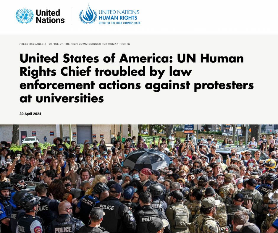 'Responses by universities and law enforcement need to be guided by human rights law, allowing vibrant debate and protecting safe spaces for all.' ohchr.org/en/press-relea…