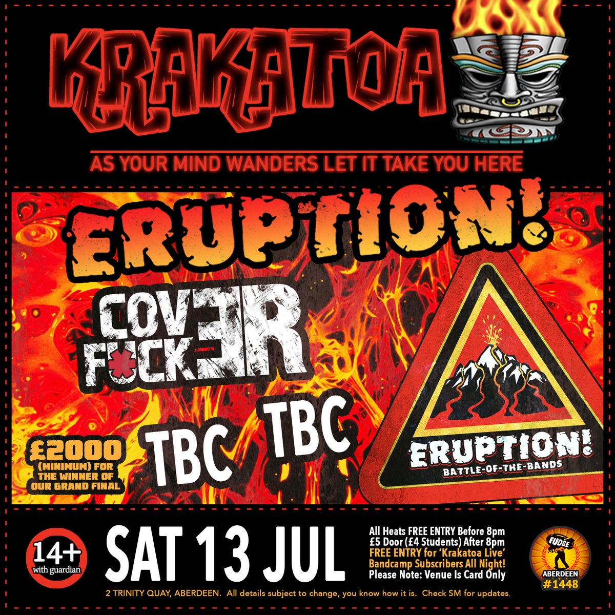 🔥 #ERUPTION #BOTB 🔥 #COVERFUCKER 🔥 #TBC 🔥 #TBC🔥 #krakatoa #aberdeen #scotland #divebar #notadive #independentvenue #workerowned #CIC #musicvenue #fudgeaberdeen #volcanictiki #asyourmindwanders #tiki #harbourlife #gig #bands #music #live #clubnight