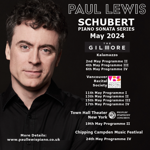 Look where Festival President Paul Lewis is performing before coming to Chipping Campden on the 24th May to complete his Schubert Sonata series - we are in great international company with @GilmoreFestival @vanrecital @PeoplesSymphony - 9 tickets left tinyurl.com/Paul-Lewis