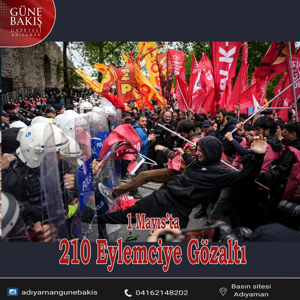 1 Mayıs’ta 210 Eylemciye Gözaltı İçişleri Bakanı Ali Yerlikaya, İstanbul'da 1 Mayıs Emek ve Dayanışma Günü’nde uyarıları dinlemeyip Taksim Meydanına ilerlemeye çalışan ve polis ekiplerine saldıran 210 kişinin gözaltına alındığını açıkladı. gunebakisgazetesi.com/haber/1_mayist… #1mayıs…