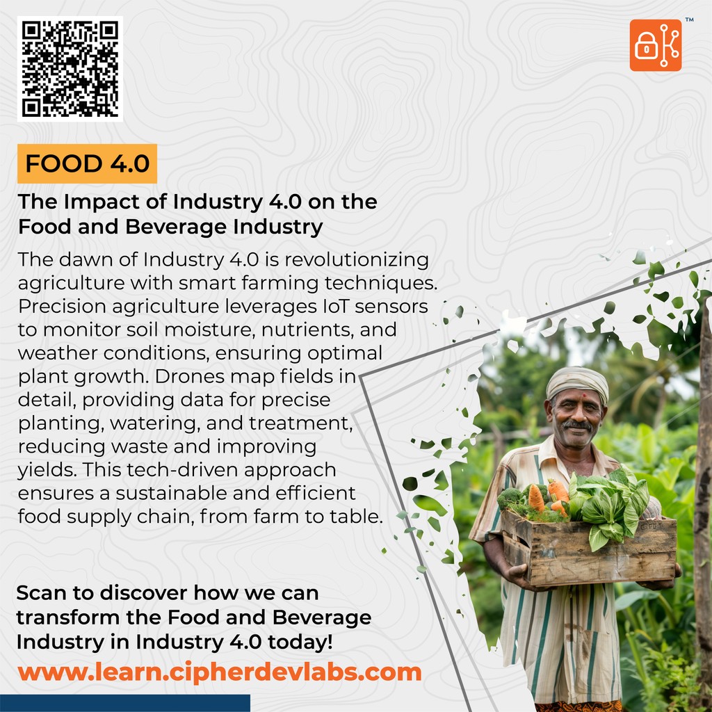 Industry 4.0 revolutionizes agriculture with precision farming. IoT sensors monitor soil and weather, drones map fields, optimizing planting and treatment for sustainable, efficient food production.

#food #restaurant #rice #ai #iot #iiot #5g #ar #vr #industry4 #cipherdevlabs