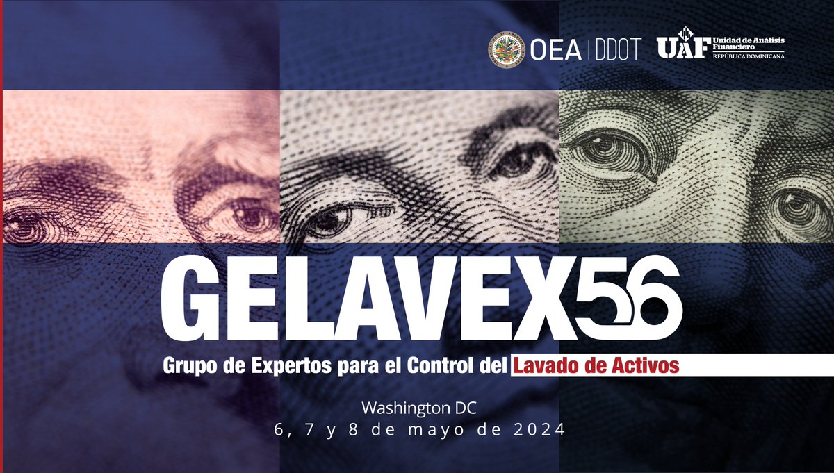 La 56ª Reunión del Grupo de Expertos para el Control del Lavado de Activos, #GELAVEX56, se estará llevando a cabo los días 6, 7 y 8 de mayo, en la ciudad de Washington D. C. bajo la presidencia de #RepúblicaDominicana 🇩🇴, en la persona de nuestra dir. gnrl. @AileenGuzmanC. 1\2