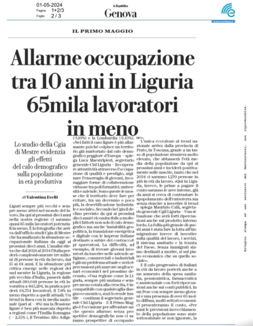CislLiguria's tweet photo. Primo Maggio, su @rep_genova l’intervista al segretario generale Cisl Liguria Luca Maestripieri su calo dei lavoratori nei prossimi 10 anni nella nostra regione @CislNazionale https://t.co/UfVjh5nJfM