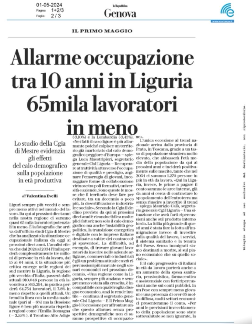 Primo Maggio, su @rep_genova l’intervista al segretario generale Cisl Liguria Luca Maestripieri su calo dei lavoratori nei prossimi 10 anni nella nostra regione @CislNazionale