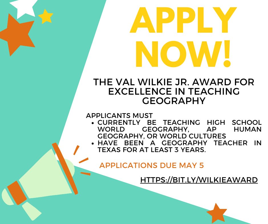 There are two weeks left to submit your application for the Val Wilkie Jr. Award for Excellence in Teaching Geography! Share with a #geography #teacher who is making a difference in student lives today!