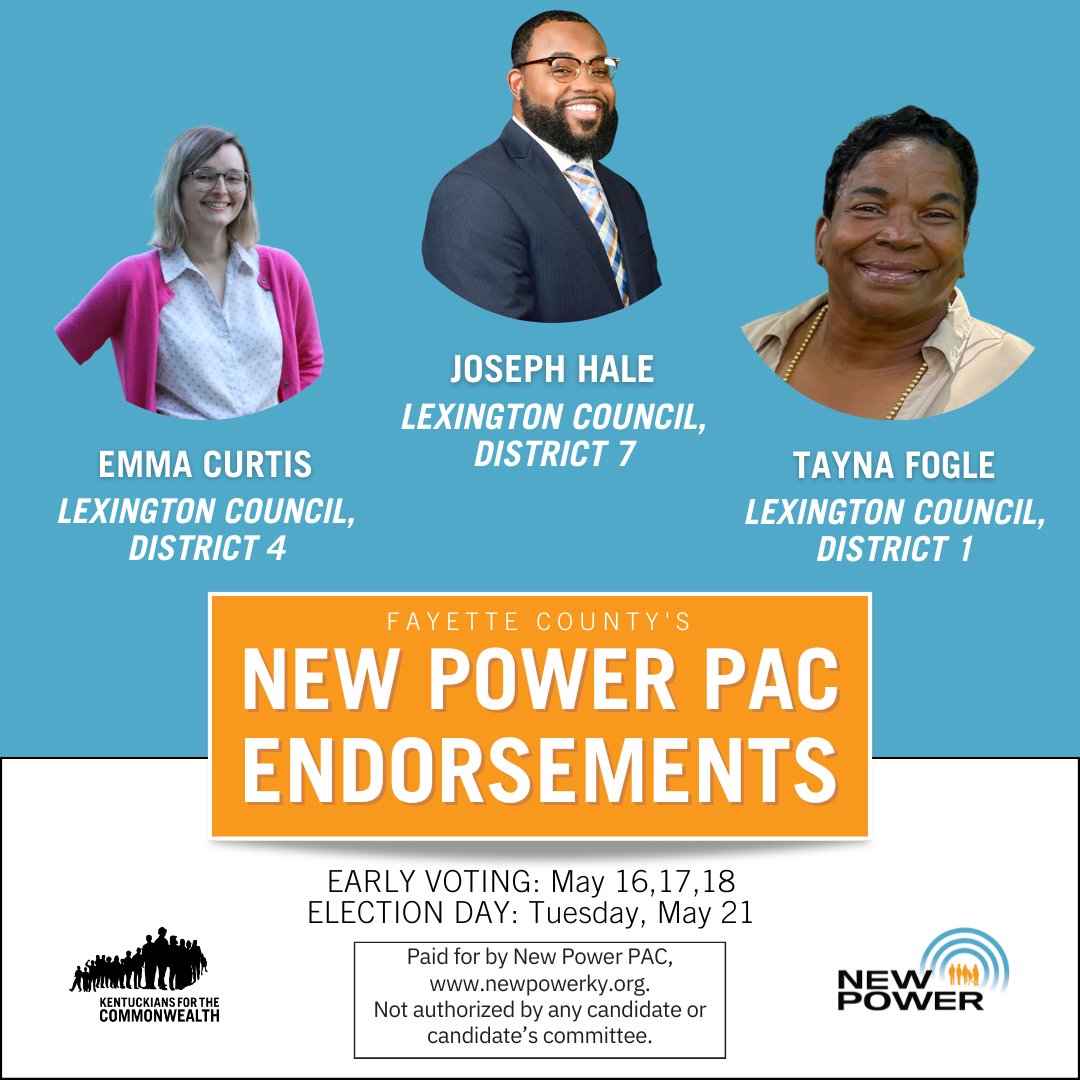 CKYKFTC's tweet photo. We are very proud to announce that KFTC's New Power PAC has endorsed 5 amazing Lexington candidates for the upcoming primary election: Tayna Fogle for Lexington Council District 1, @emmacurtislex, Joseph Hale for Lexington Council District 7, @Buckman4KY, and @GeorgeBrownKY77! https://t.co/Cyg1FPbKcY