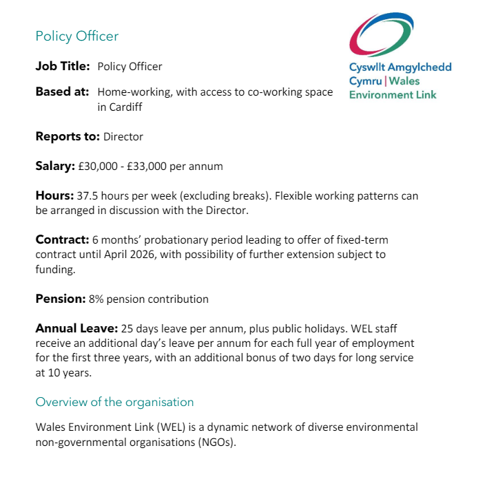 We're advertising for a new Policy Officer at Wales Environment Link, focusing on biodiversity and marine policy. Closing date Fri 31st May - please do share far and wide! waleslink.org/recruitment/