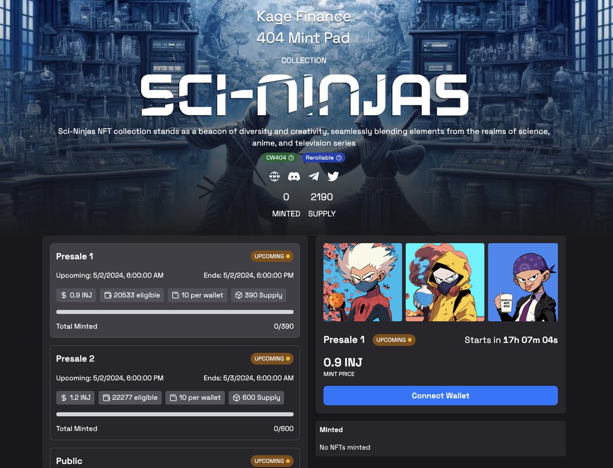 0xninja_labs's tweet image. 🚨SAVE THE DATE! TOMORROW!🚨

OGs, WLs and $SNJ enthusiasts, we are going to have our Mint Pad on @KageFinance 

You shouldn’t miss the amazing CW-404 Sci-Ninjas collection👇🏻
app.kage.finance/mint/inj1ajws3…