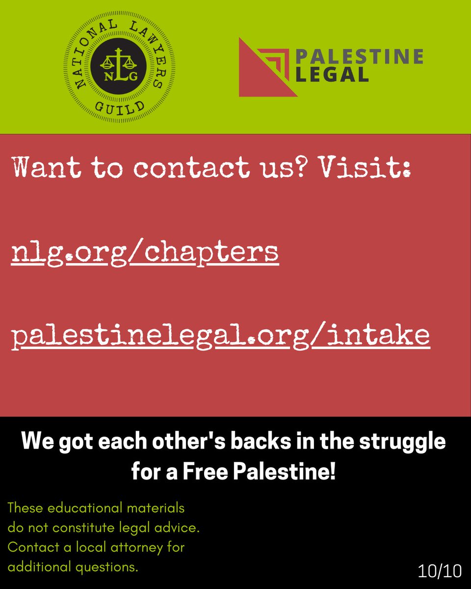Students, make sure to document police/administrative aggression or discrimination. You can connect with the @NLGnews chapter in your city for direct action legal support at nlg.org/chapters and contact us for support on the university side palestinelegal.org/intake