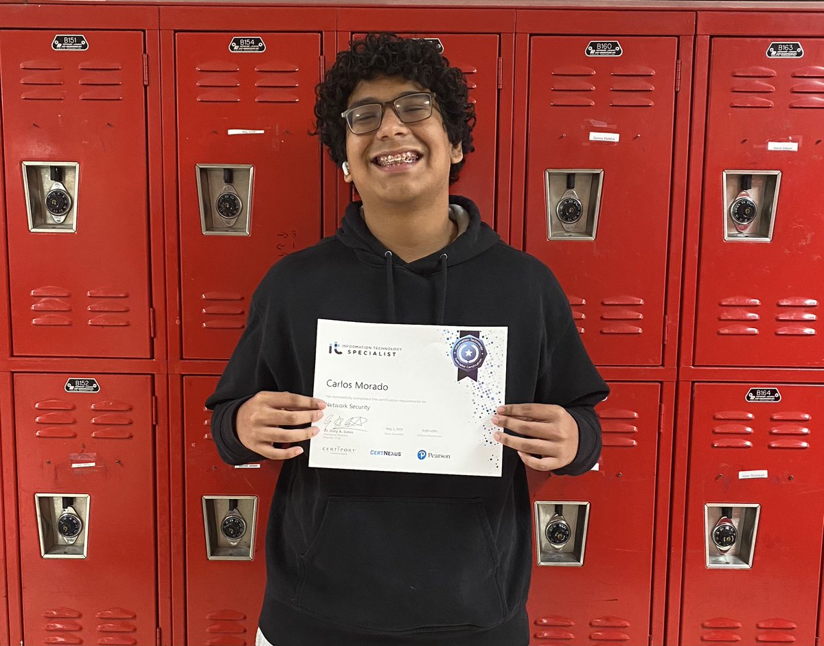 Congratulations to Carlos for earning his IT Specialist in Network Security Certification! Welcome to the #certifiedraider club. <a href="/NISDTaft/">Taft HS</a> <a href="/NISD_CTE/">NISD_CTE</a> <a href="/NISD/">Northside ISD</a>