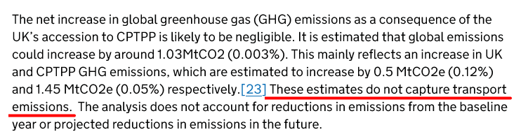 What a scam! The official estimate of the UK's potential benefits from CPTPP membership states that the impact on global greenhouse gas emissions is 'likely to be negligible'.

But they've excluded transport emissions. And the other CPTPP countries are in the Pacific region.