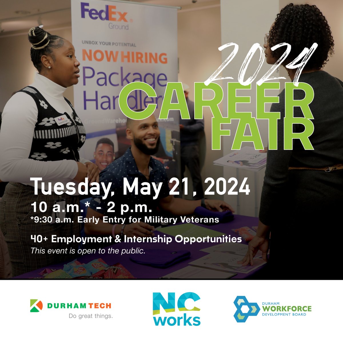 ⭐️ Save the date! ⭐️ Durham Tech Career Services and Durham NCWorks Career Center are partnering to host the Spring 2024 Career Fair on Tuesday, May 21.

There will be more than 40 employers hiring in all fields. You don't want to miss it! #DoGreatThings