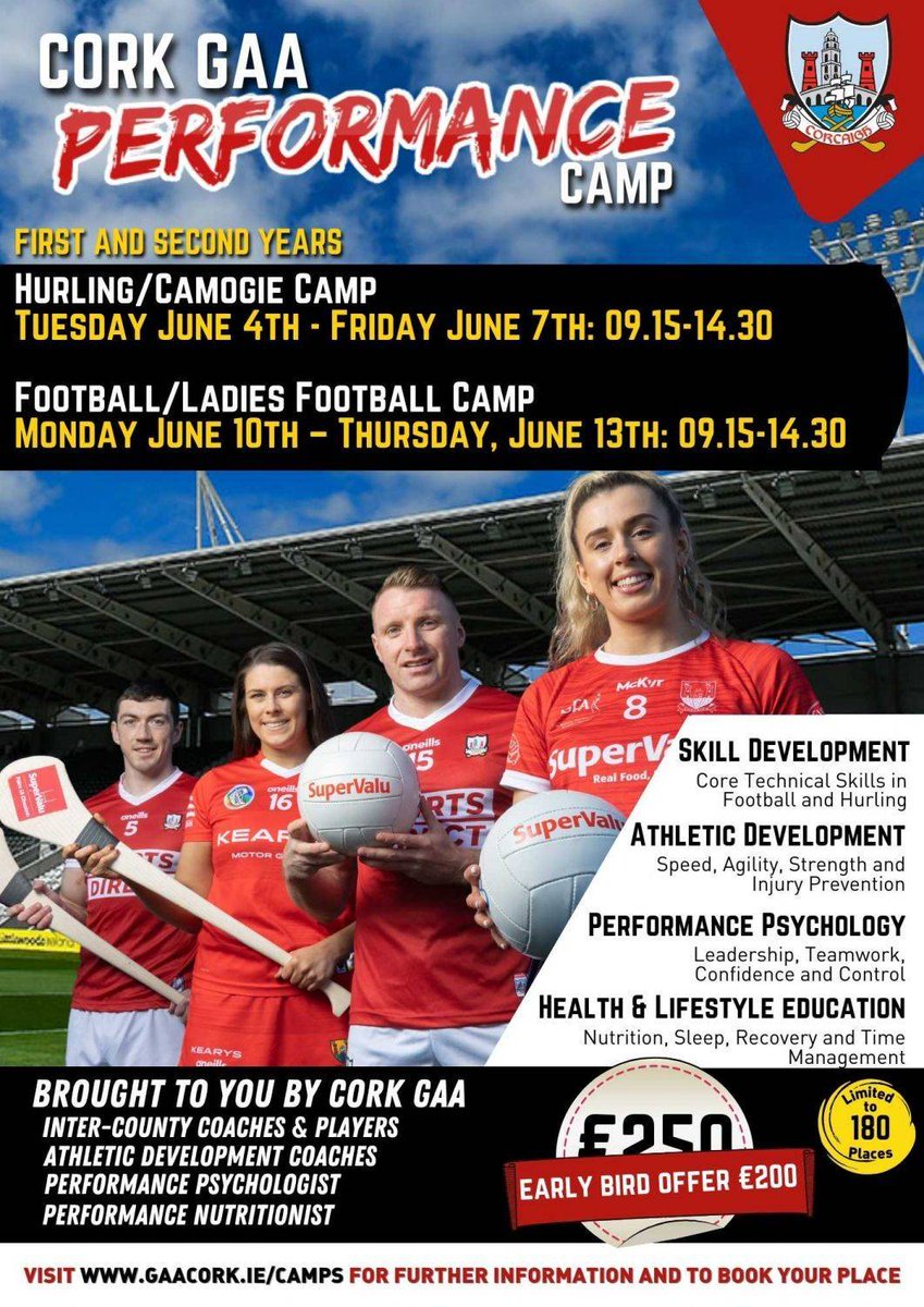 Get ready for our 2024  Cork GAA Performance Camp - bookings are open now!

Find out everything you need to know at gaacork.ie/camps

This camp is for boys and girls in 1st and 2nd year, —spots are limited!