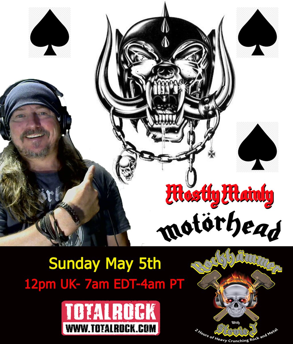The 8th of May is on it's way, & you can catch me for 'Mostly, Mainly @myMotorhead ' on @TotalRockOnline As well as all thing's Motorhead, I'll be connecting tracks from @PCATBS @OrangeGoblin1 @HighonFireBand @Metallica @Nitrogods @HawkwindHQ & many more! Keep Sunday #Louder ♠️